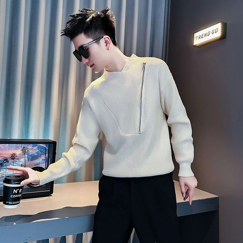 设计感拼接拉链毛衣男款秋冬季内搭打底衫2025新款痞帅长袖针织衫