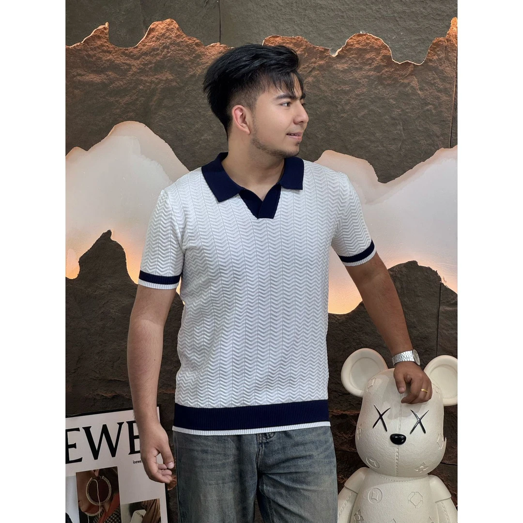 夏季透气百搭意式POLO衫V领高级感轻奢波浪纹男士短袖