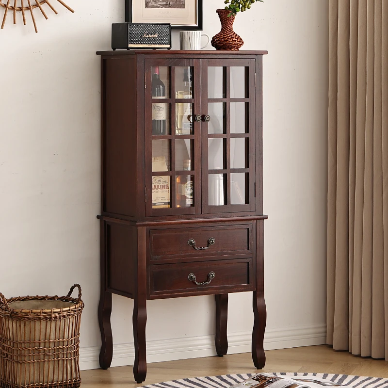 美式实木酒柜收纳储物柜两门两抽书柜加厚柜子玻璃门高腿柜子
