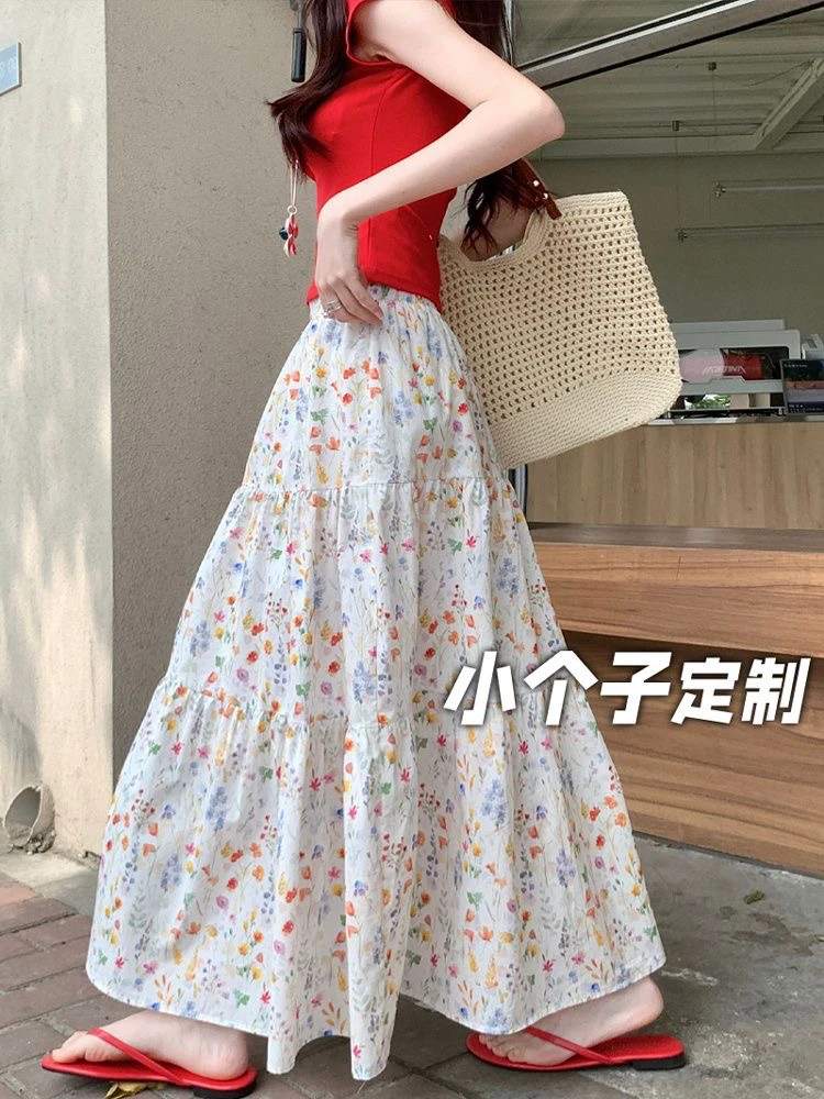 150小矮个子茶歇彩色碎花半身裙女夏季高腰a字中长款温柔风大摆裙