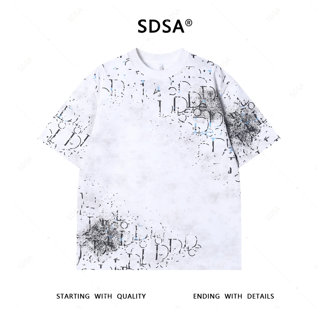 夏季高级感新款男士美式字母印花满天星短袖T恤宽松痞帅圆领上衣