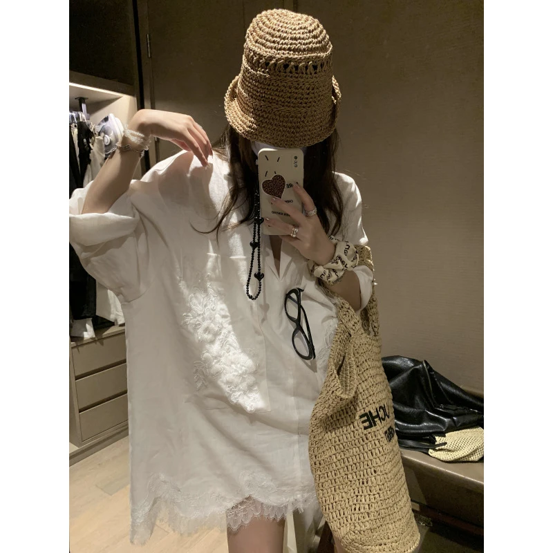 重工钉珠盘花双口袋清凉亚麻衬衫裙2025夏日老钱风蕾丝边西装衬衣