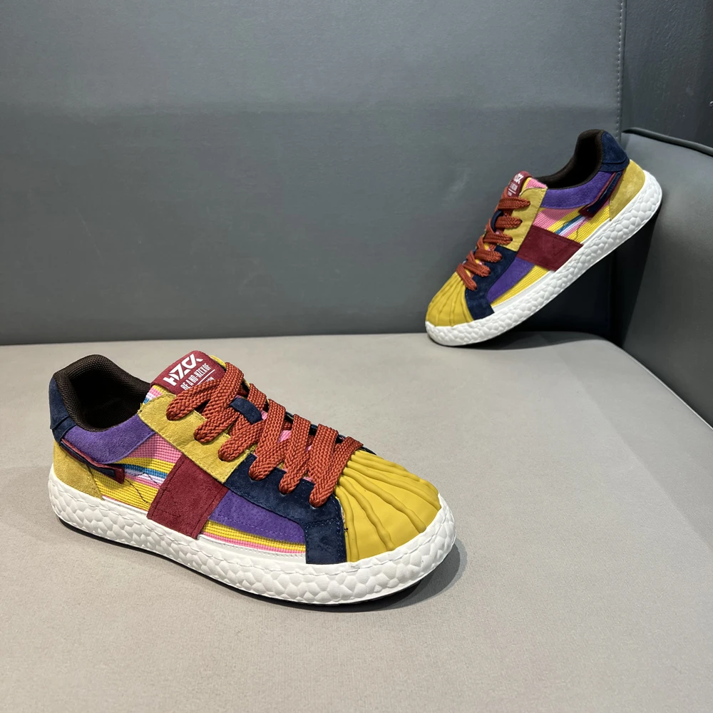 皮拼布撞色贝壳头板鞋2025时尚运动百搭软底舒适透气男潮流休闲鞋