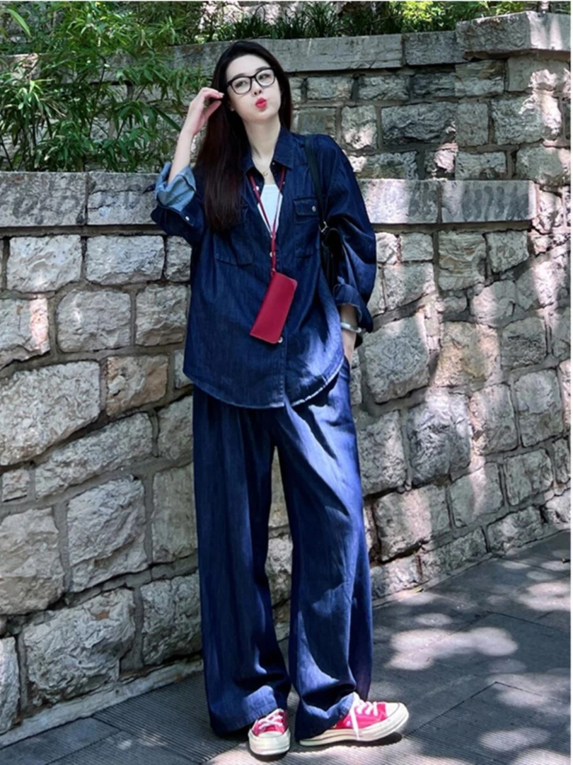 美式牛仔套装女秋季休闲显瘦减龄时髦炸街外套高腰直筒长裤两件套