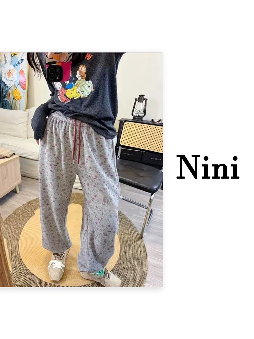 Nini 春季新款满印抽绳印花休闲外穿小碎花卫裤洋气-28020春款
