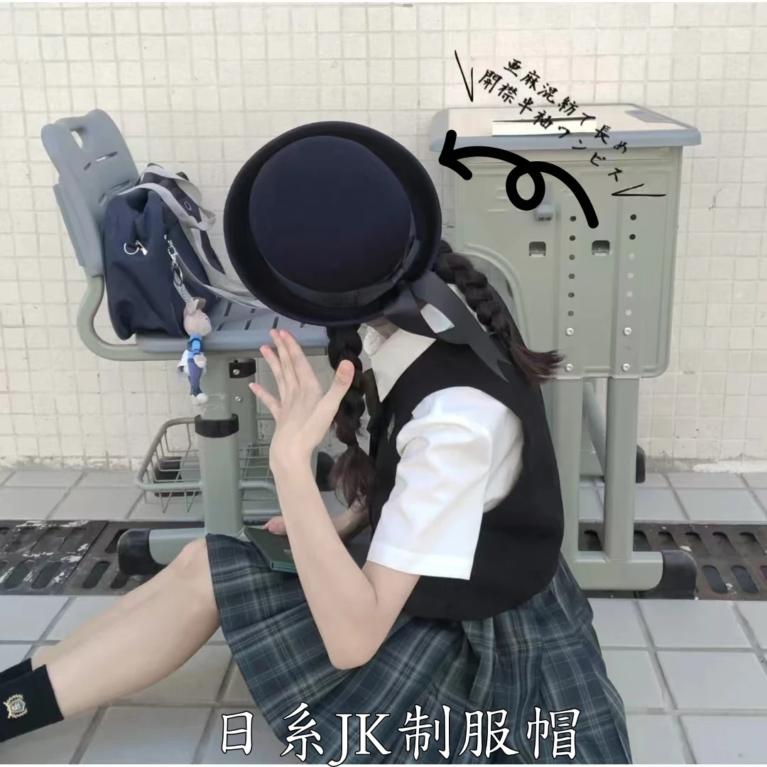 日系校园风jk制服毛呢学院风蝴蝶结飘带白月光百搭水手猫耳朵帽子