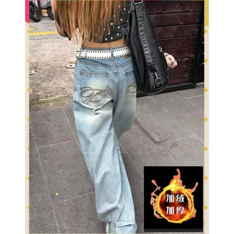 【加绒/不加绒】复古刺绣牛仔裤秋冬设计感宽松高腰直筒阔腿裤w