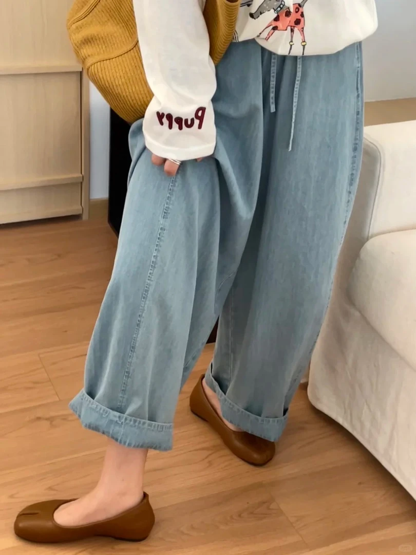 孕妇牛仔裤休闲外穿夏季薄款抽绳九分2025新款设计感浅色阔腿裤子