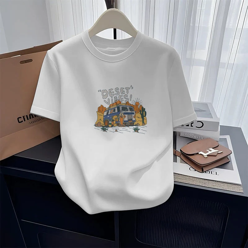 正肩磨毛短袖t恤女2025新款时尚百搭洋气白色加厚款上衣春夏秋季