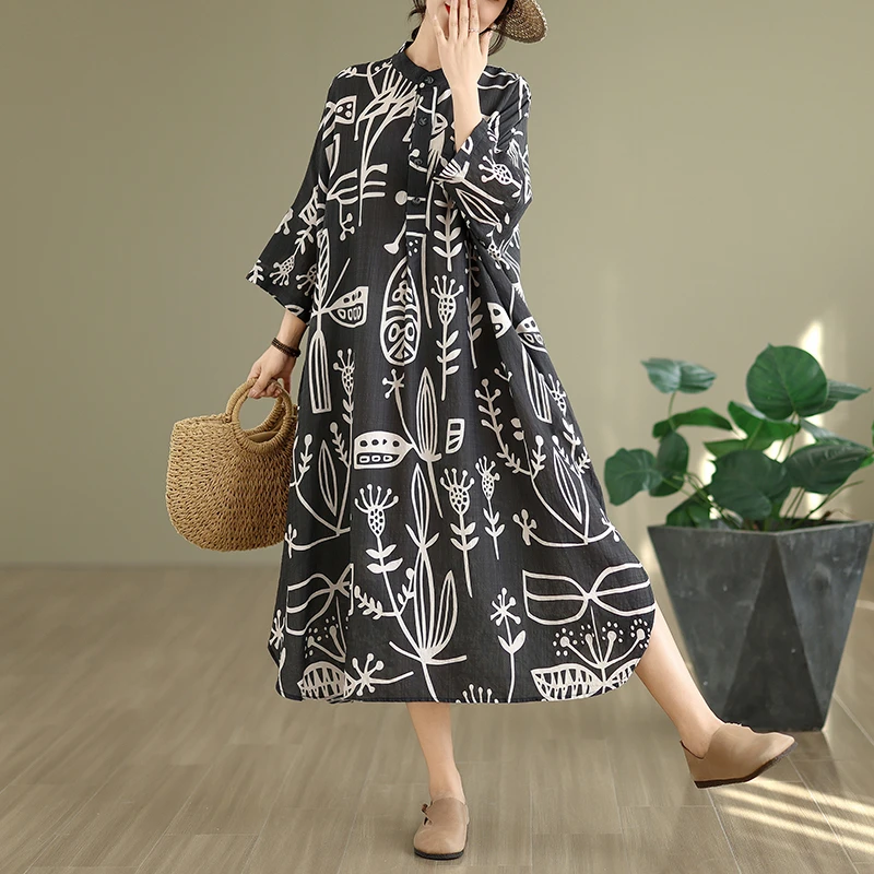 文艺典雅复古风立领开衫长裙女2025秋季新款显瘦宽松减龄连衣裙潮