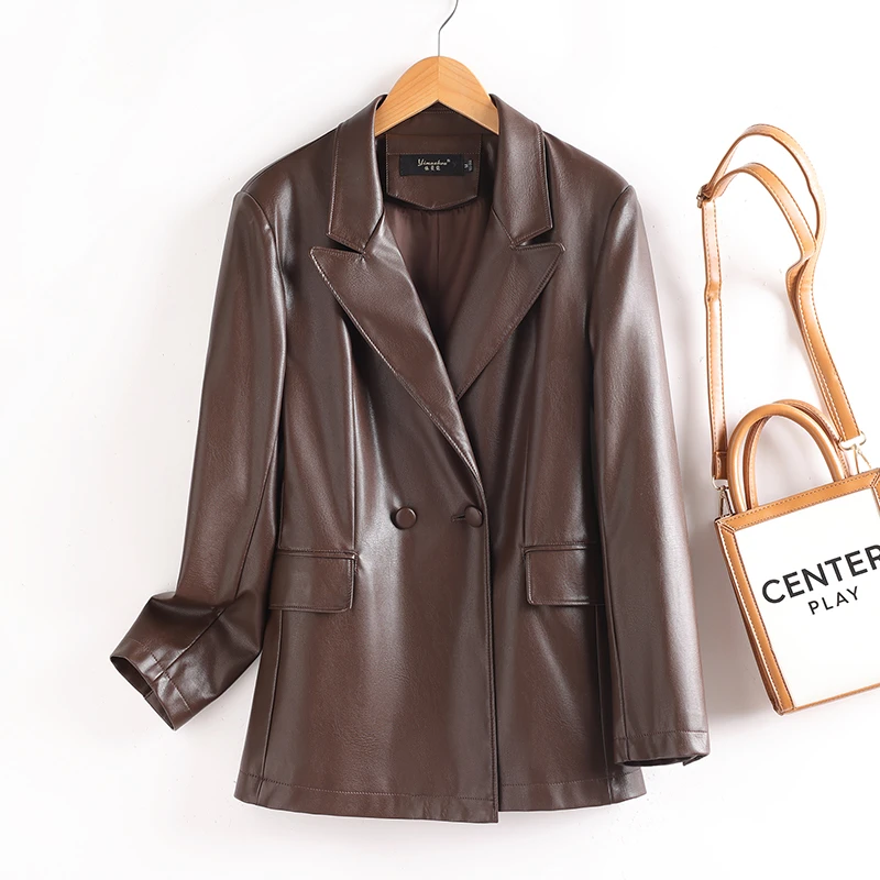 海宁真皮皮衣女中长款皮西装外套（绵羊皮） YMK-681#