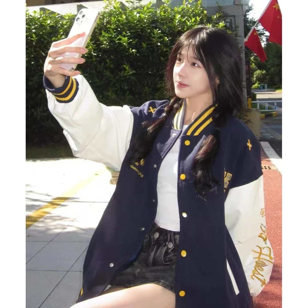 HandSeven美式复古撞色学院风刺绣棒球服高街宽松百搭夹克外套