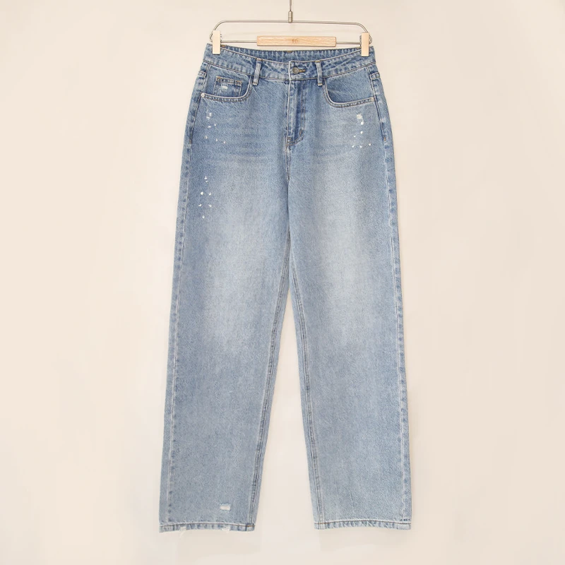 怀旧复古蓝色泼漆直筒设计风牛仔裤秋季宽松棉质美式磨破阔腿裤