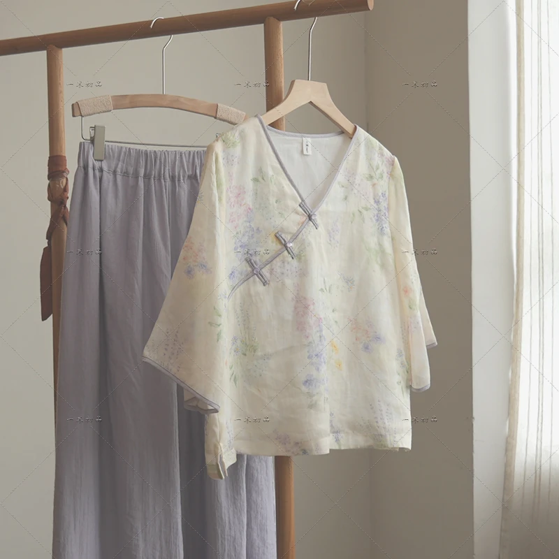 4971《兰心幽怀》原创夏季新款复古斜襟小衫宽松显瘦碎花上衣