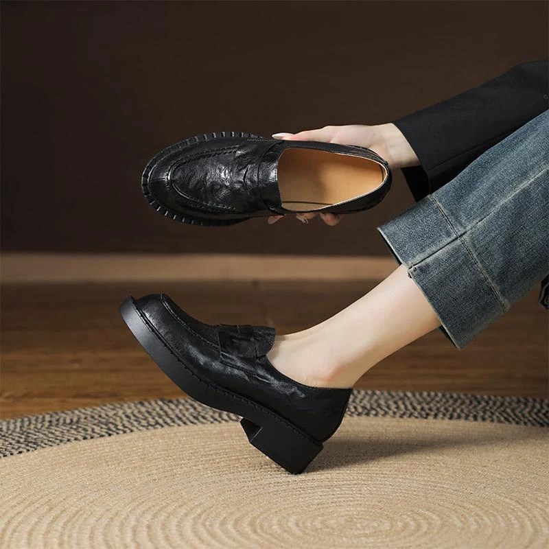 复古风羊皮圆头厚底粗跟一脚蹬深口乐福鞋女新款百搭中跟单鞋潮女