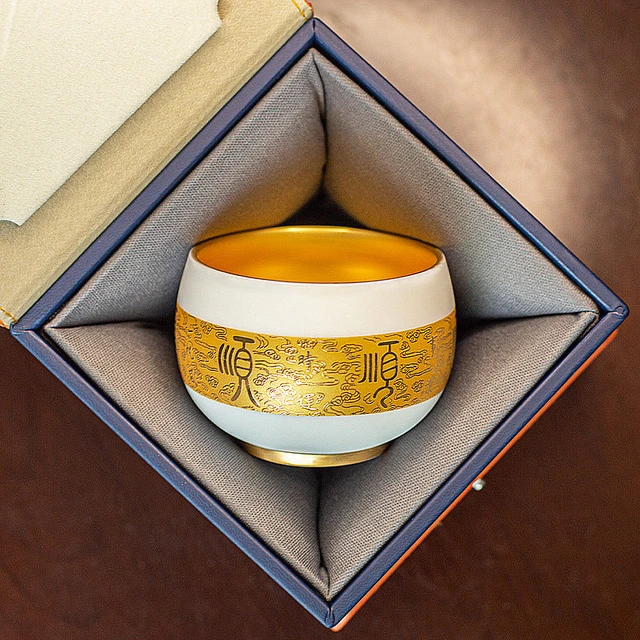 鎏金茶杯主人杯羊脂玉瓷陶瓷茶盏金建盏白瓷品茗杯功夫茶杯茶碗新