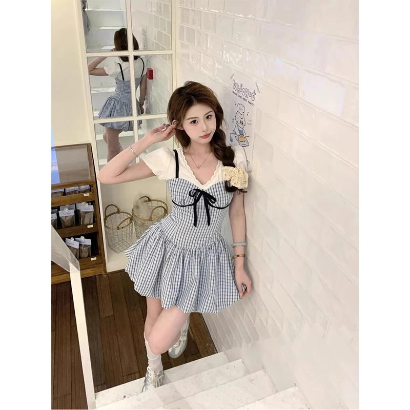 夏季新款甜美蝴蝶结假两件格纹连衣裙女显瘦收腰花苞裙A字短裙子