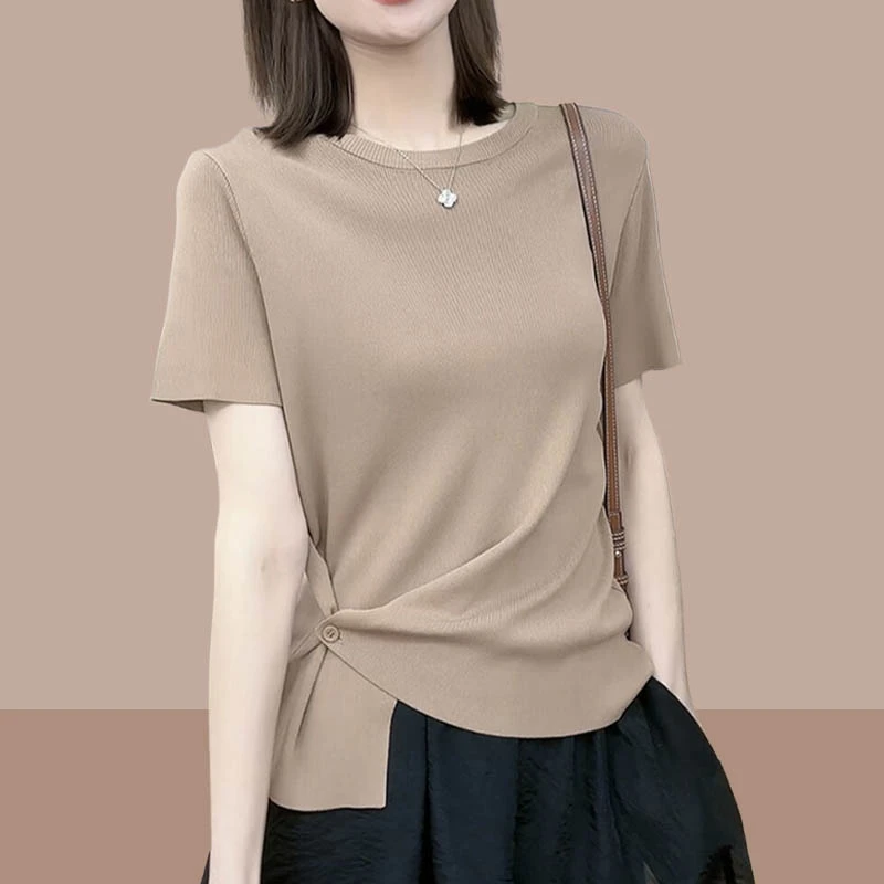 冰丝正肩短袖t恤女2025新款夏季宽松显瘦下摆暗扣别致上衣针织衫