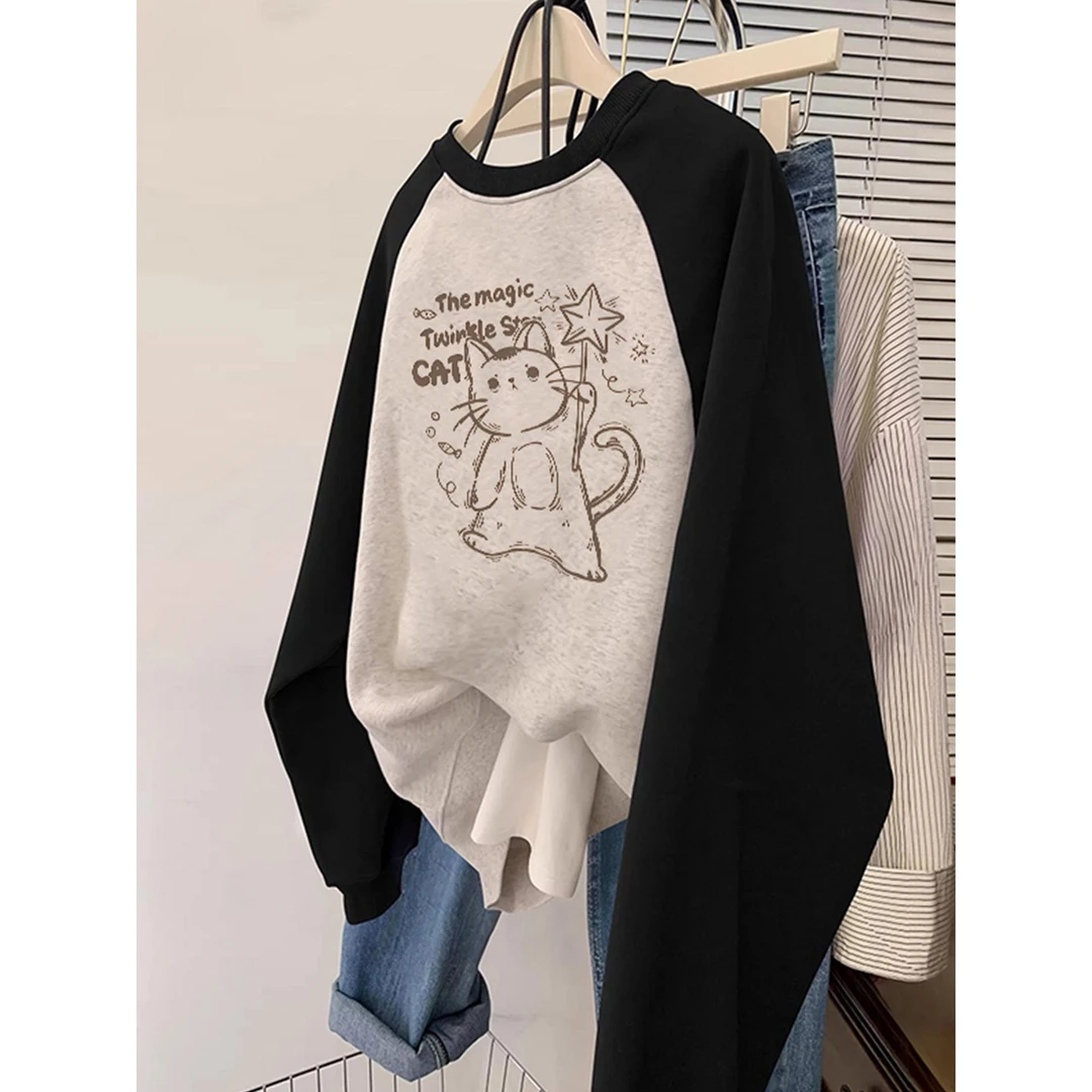 甜美学院风撞色插肩卫衣女韩版百搭印花设计感小个子宽松圆领外套