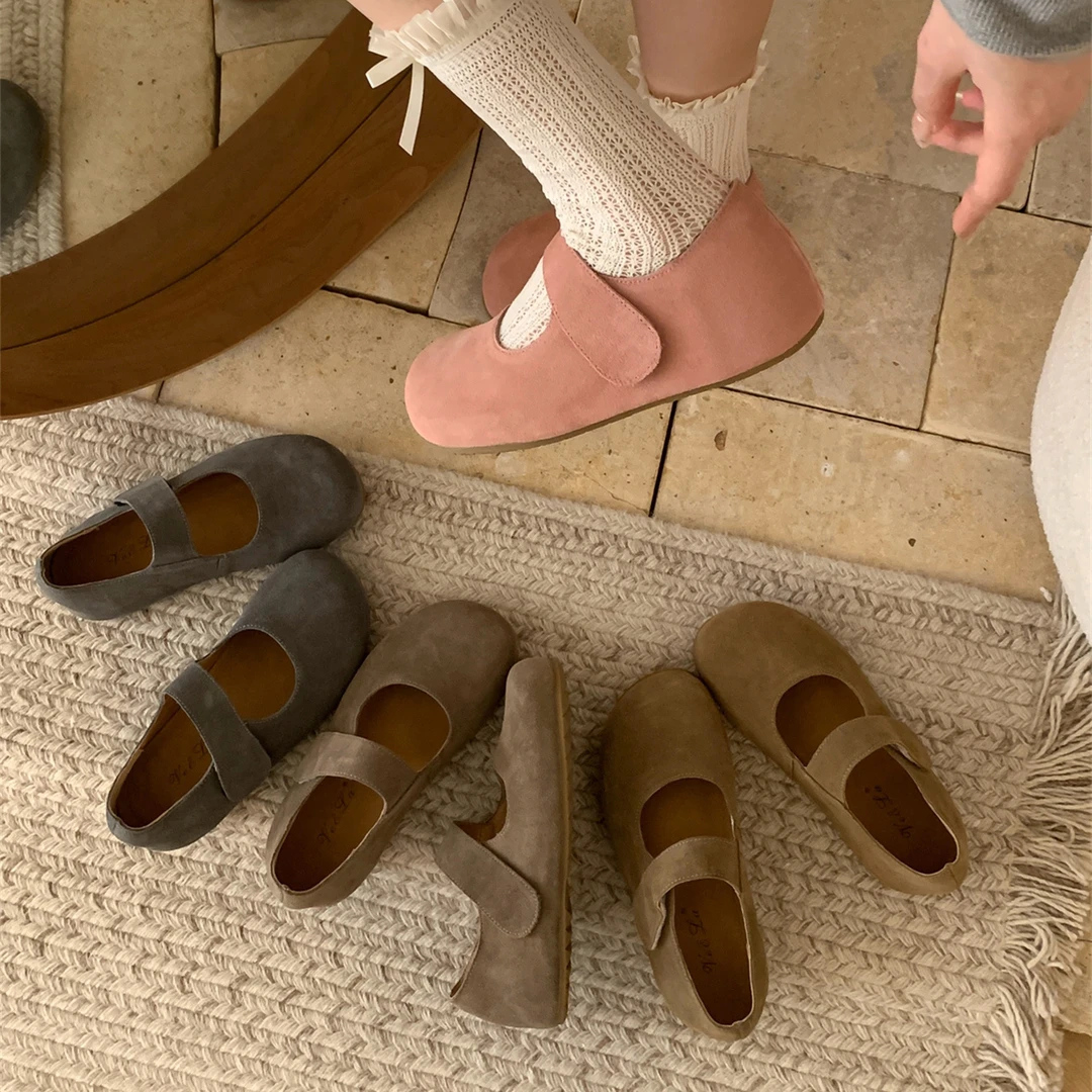 内增高3CM~真皮森系浅口一字带玛丽珍单鞋女春秋季外穿软底勃肯鞋