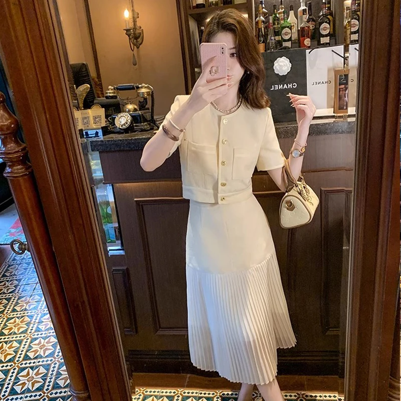 【宝藏】高品质微胖夏季大码气质小香风高级感上衣百褶裙半身裙套装
