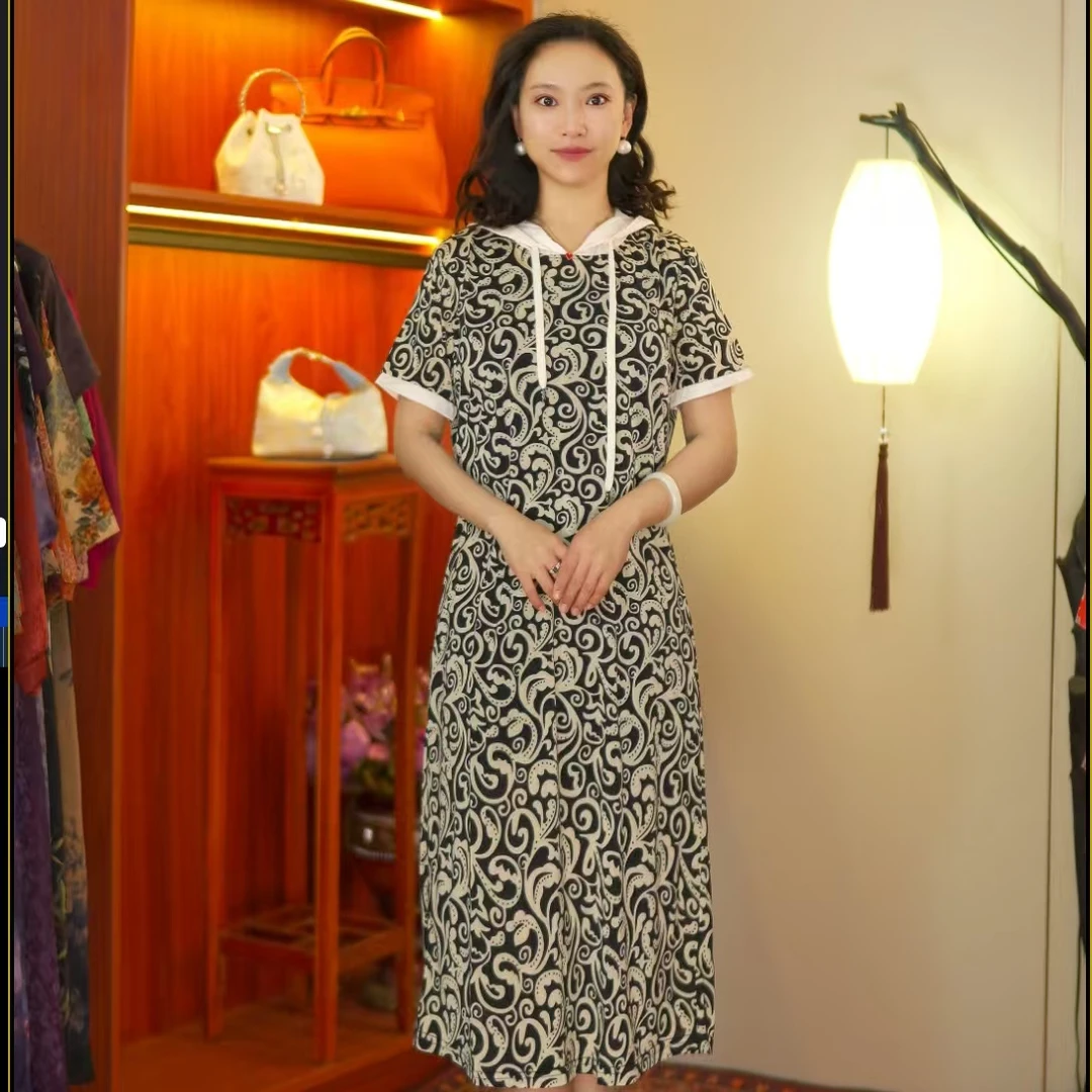 连帽青花瓷裙  气质中长款时尚连衣裙百搭遮肉裙子10119