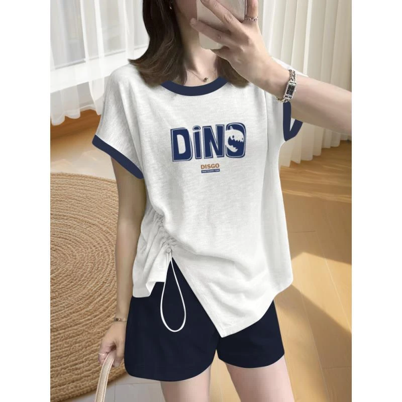 100%竹节棉短袖T恤女2025夏季新款大码宽松显瘦遮肚撞色印花上衣