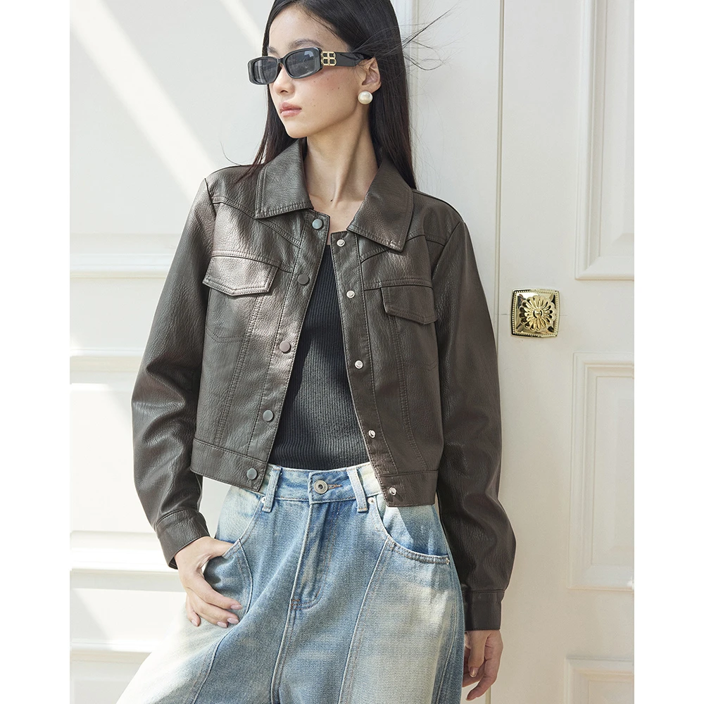 25秋冬新复古气质高级百搭设计感酷肌理宽松PU机车皮衣短外套