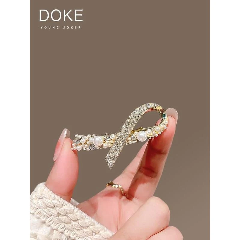 珍珠发夹女小众设计感飘带鸭嘴夹少女甜美侧边夹一字夹碎发刘海夹