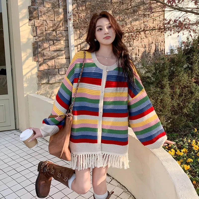 慵懒风多巴胺穿搭针织毛衣女春季新款流苏彩虹条纹休闲设计感上衣