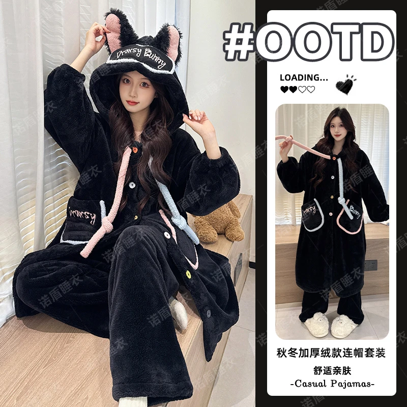 加绒加厚休闲少女珊瑚绒睡衣女2025冬季爆款保暖套装可外穿家居服