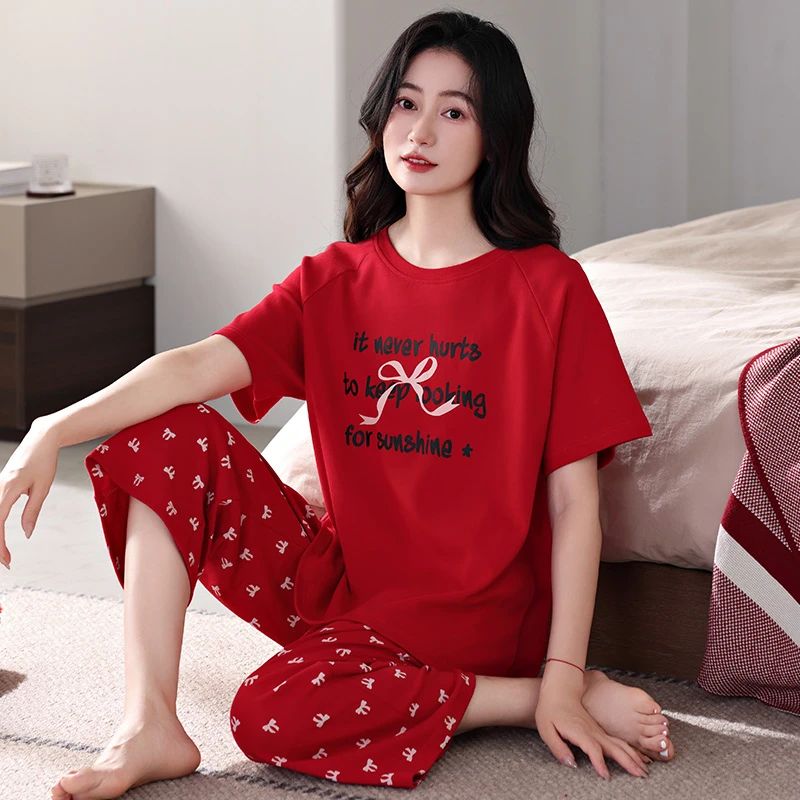 女士睡衣2025新款红色夏季纯棉短袖薄款大码加肥本命年家居服