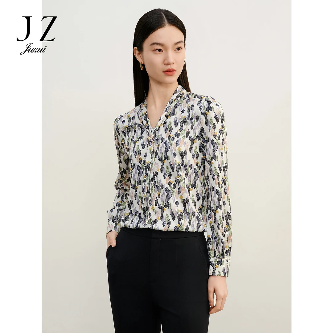 商场同款JZ玖姿JWEC80106优雅碎花复古飘带衬衫女春季