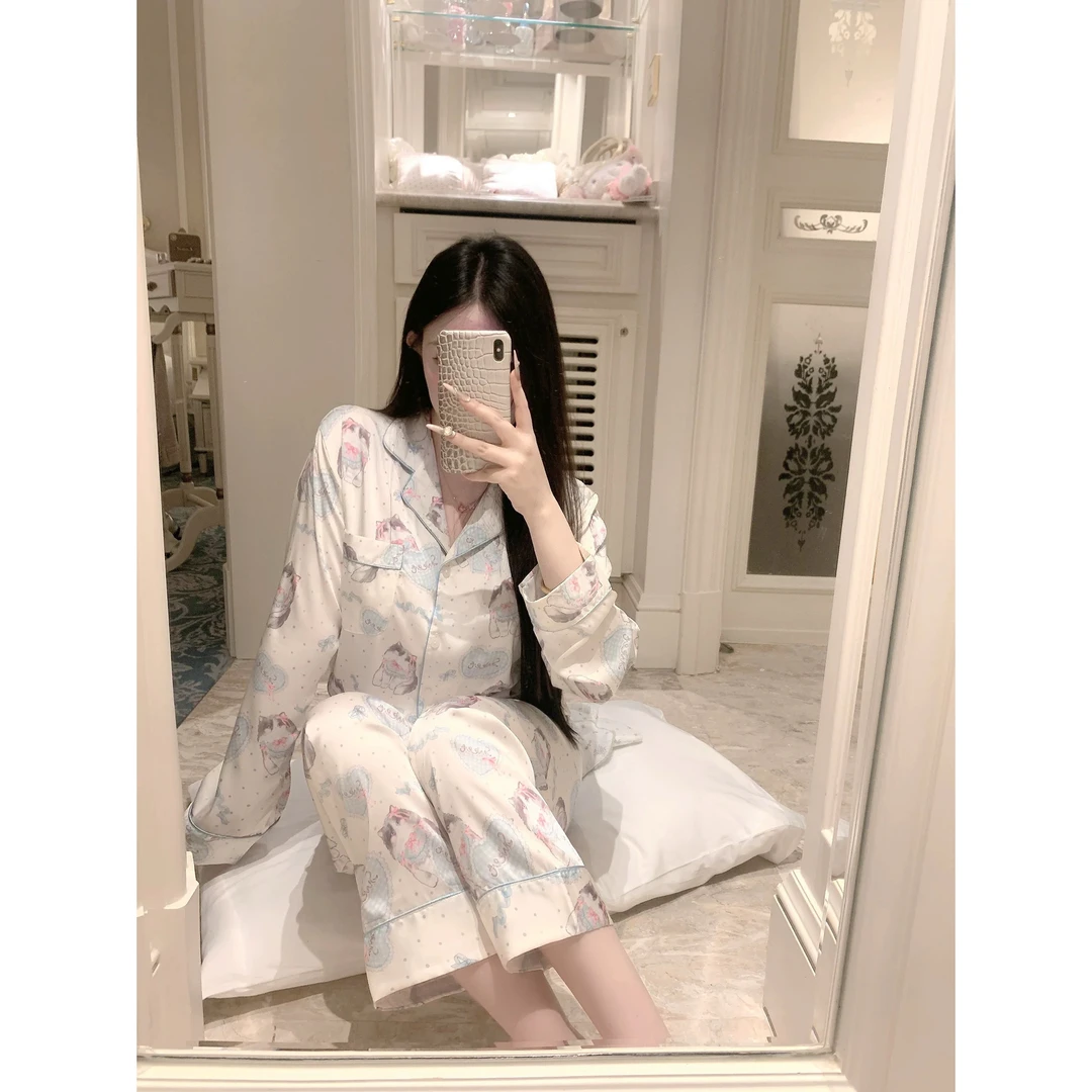 【奶蓝小喵】春秋款水光缎蕾丝套装仙女纯欲公主风睡衣家居服女