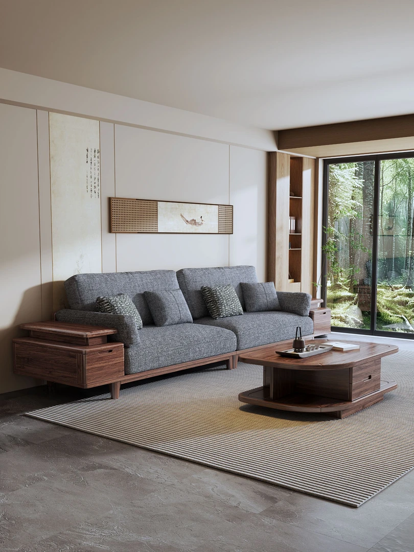 轻奢新中式黑胡桃沙发客厅2025新款简约现代实木直排沙发可定制