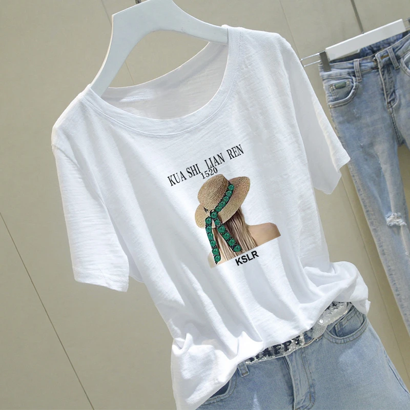 竹节棉圆领宽松纯棉短袖t恤女士夏季印花韩版时尚洋气显瘦女装潮