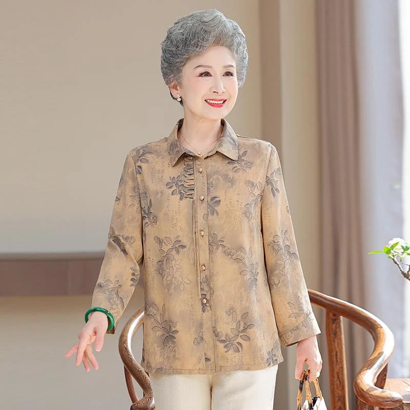 恒源祥彩羊奶奶春夏装衬衫中老年人女翻领长袖妈妈印花衬衣老太太