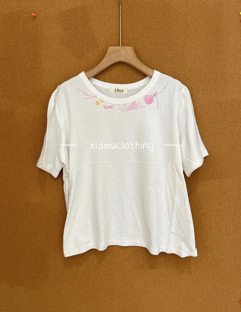 夏沐家印花领宽松棉T恤9301