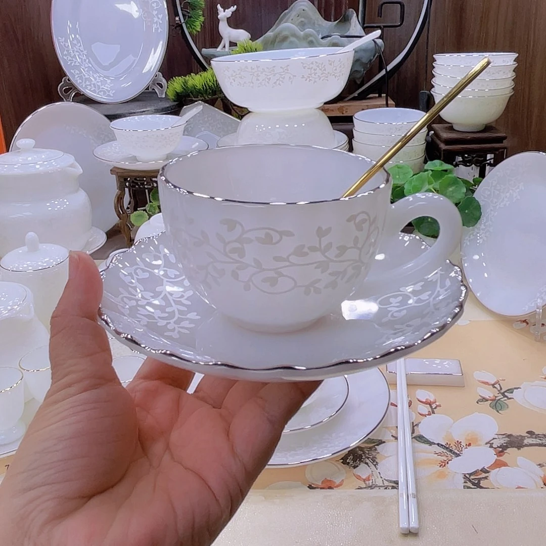 玉瓷暗香螺纹咖啡杯两套