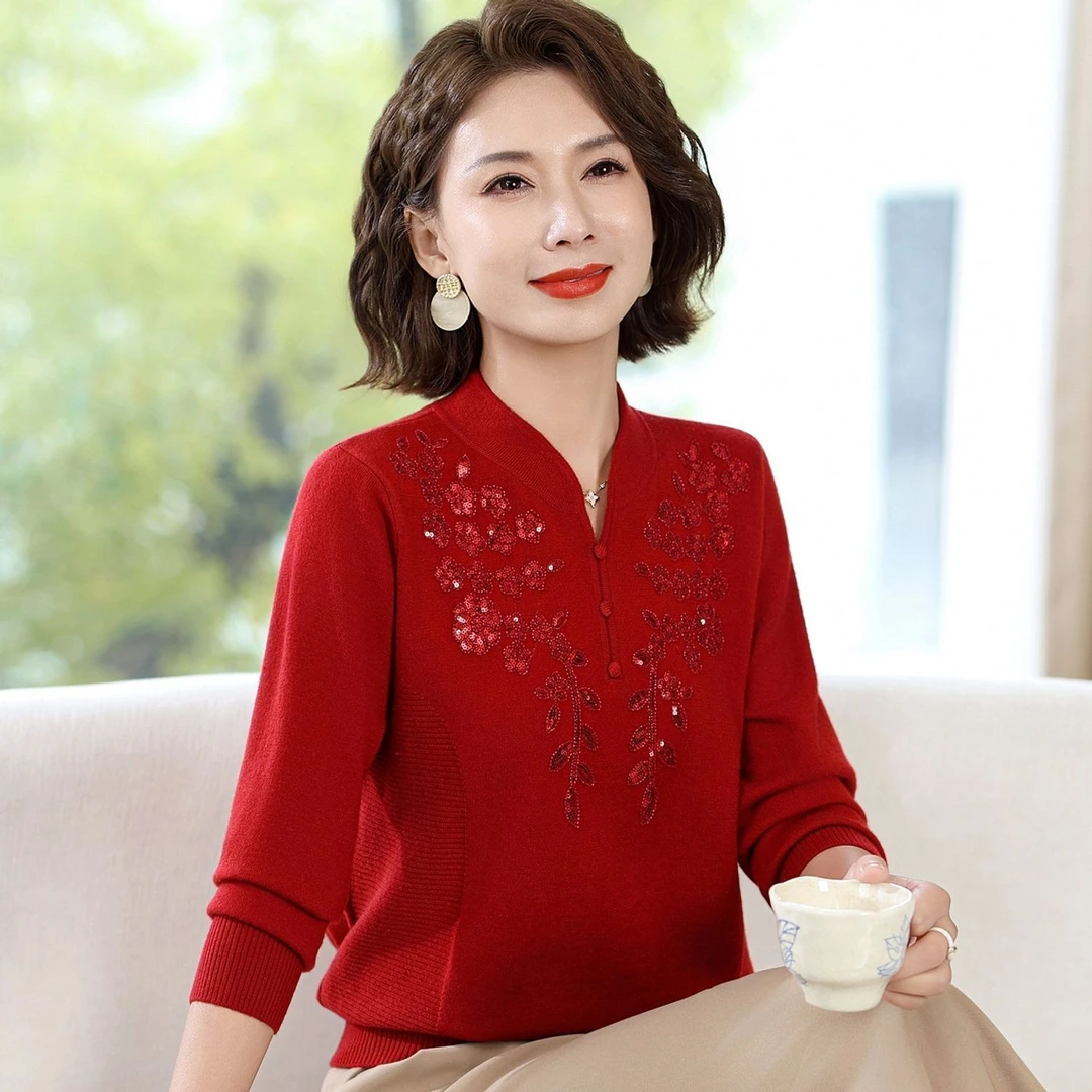 妈妈秋冬装针织衫中年女装本命年红毛衣中老年喜婆婆婚宴婚礼服