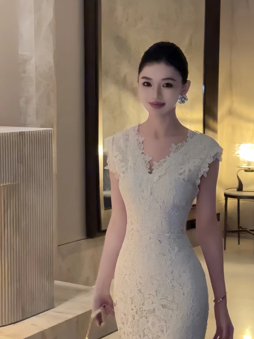 现货【春日部】原创手工超长蕾丝拼接收腰连衣裙白色气质长裙0922