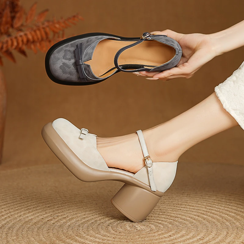 牛皮/8cm/百搭夏季外穿真皮粗跟高跟厚底女凉鞋包头女士百搭单鞋