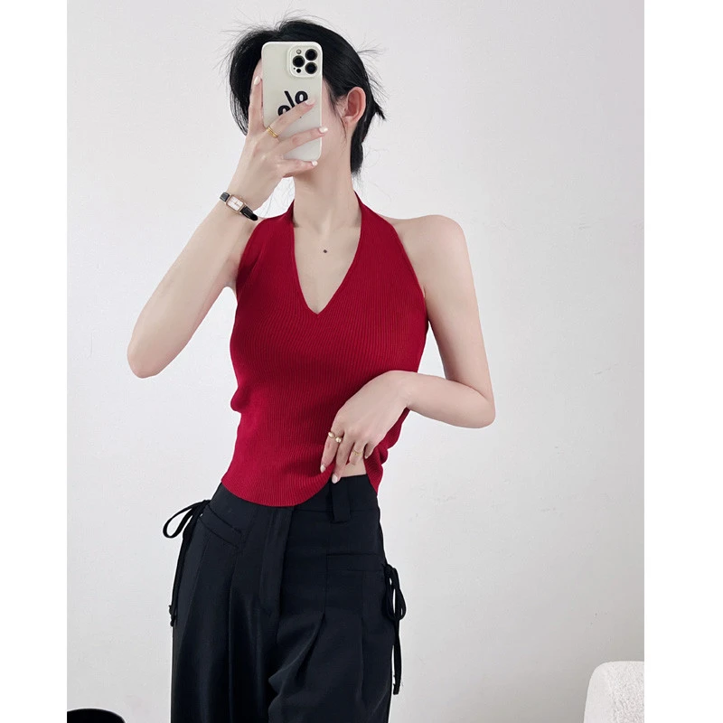 秋季新款修身性感辣妹吊带上衣领挂脖红色无袖背心美背打底衫女