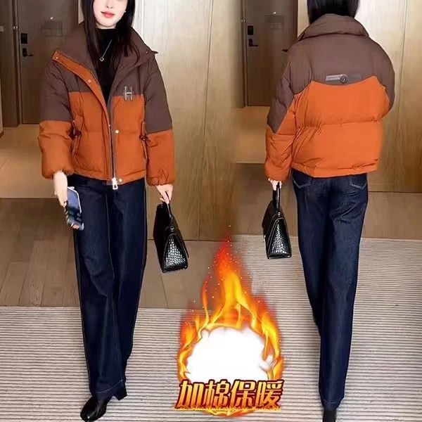 超好看撞色拼接棉服女短款面包服立领棉袄宽松加厚冬季保暖外套