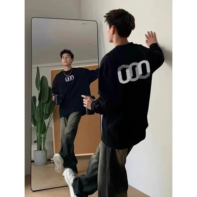 春秋季潮流美式卫衣黑色圆领重磅纯棉长袖T恤男款印花内搭打底衫