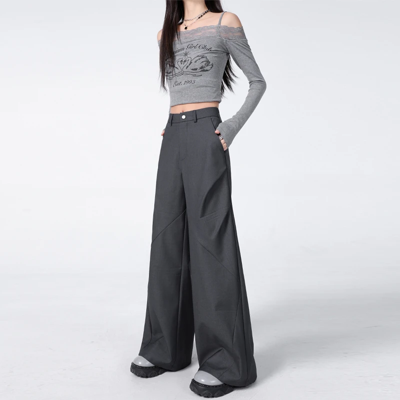 2025新款灰色褶皱设计西装裤男女同款小众高街阔腿休闲裤潮宽松