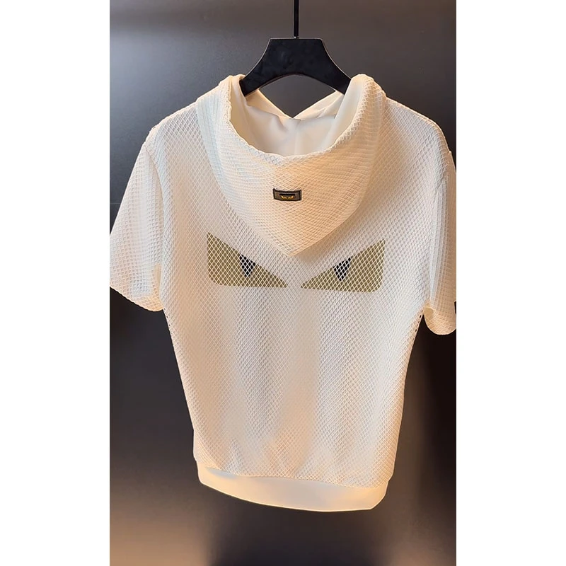 小怪兽之眼印花网格白色体恤2025夏季新款欧货大牌休闲男装上衣潮