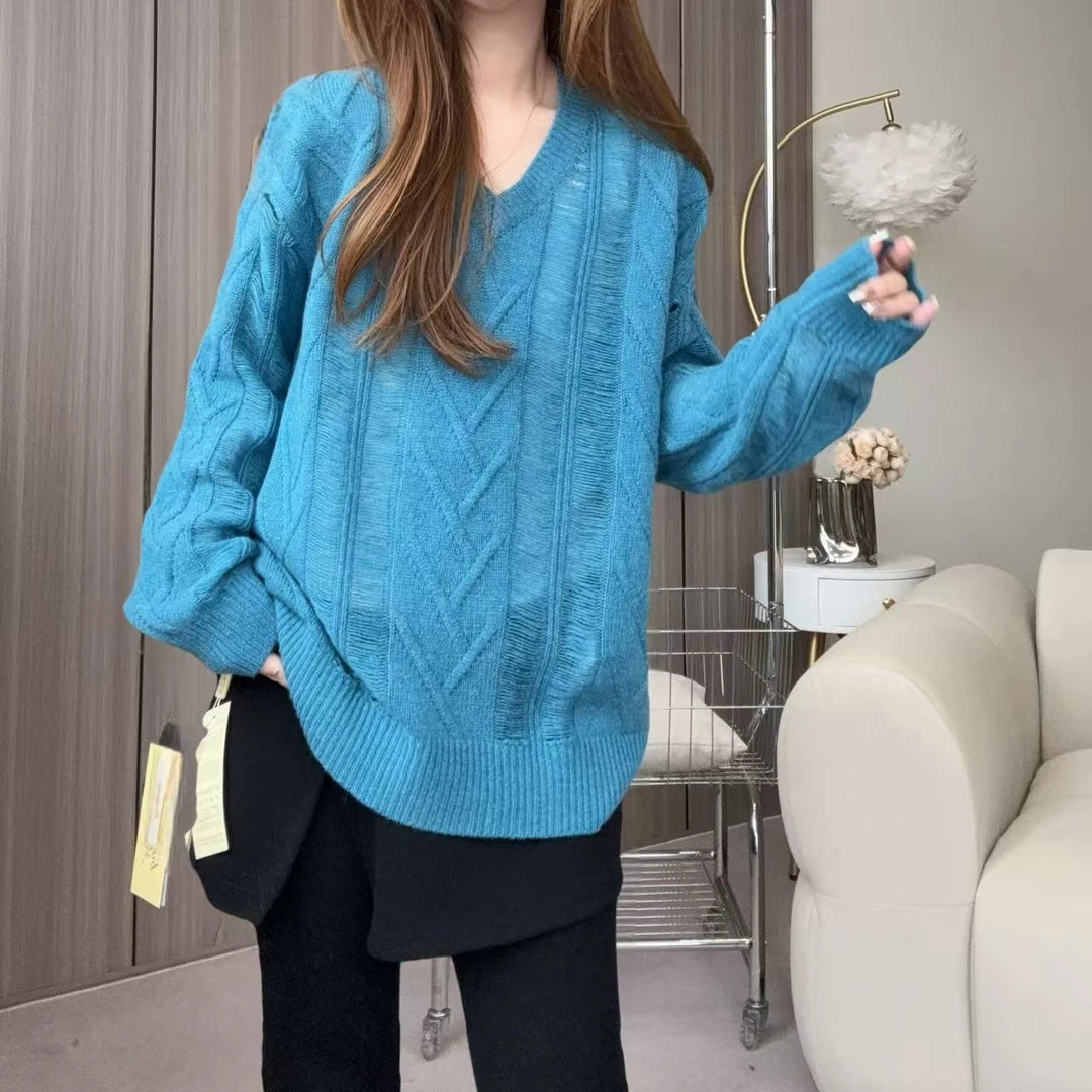 【百分百山羊绒】250046重工V领镂空拉丝款羊绒衫洋气时尚款