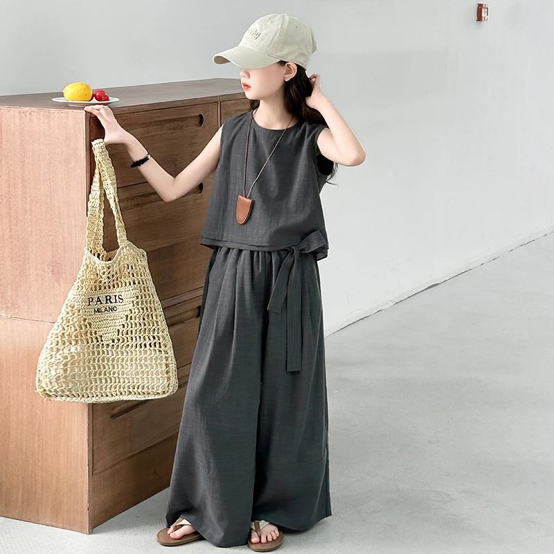 女童韩系套装夏款2025新款儿童时髦无袖上衣中大童阔腿裤两件套