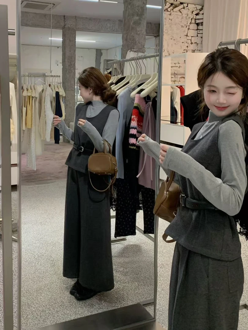 小个子无袖毛呢背心+九分阔腿裤时尚套装冬季女两件套